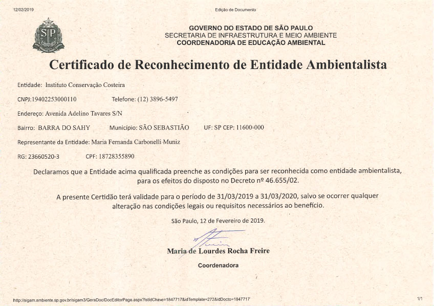 Certificado de Reconhecimento de Entidade Ambientalista do ICC é renovado com sucesso