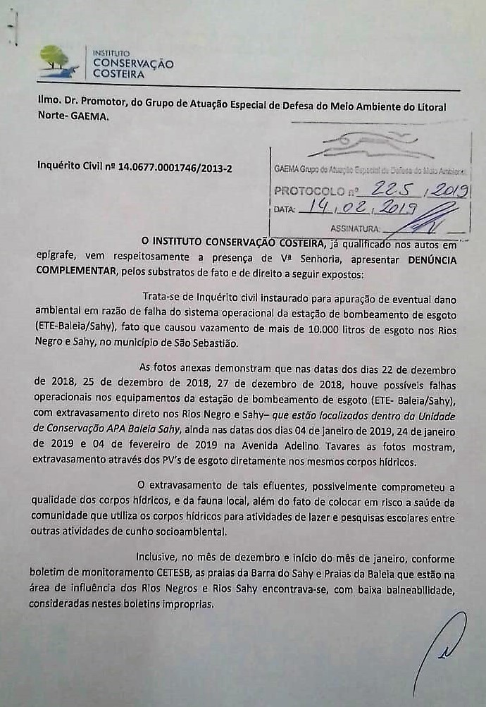 ICC denuncia ao Ministério Público constantes vazamentos de esgoto no Rio Sahy