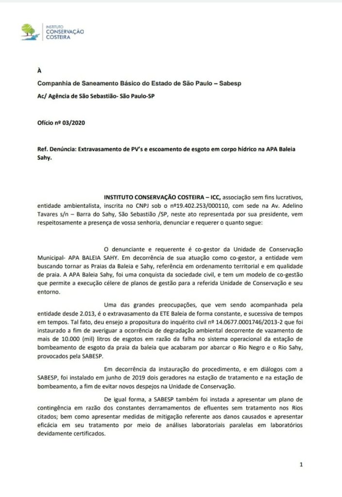 Ofício denúncia do ICC contra a Sabesp - 2020